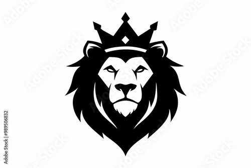 A Lion head logo with wearing crown, silhouette black simple vector art illustration