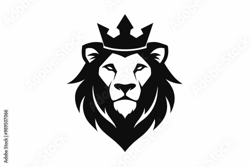 A Lion head logo with wearing crown, silhouette black simple vector art illustration