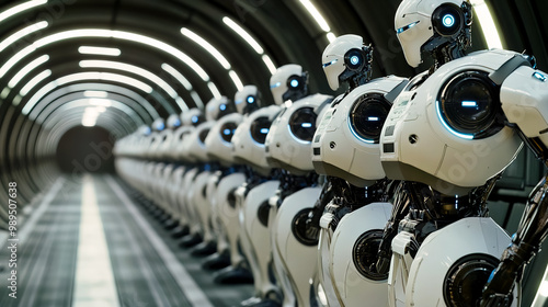 Row of robots in a tunnel showcasing futuristic design.