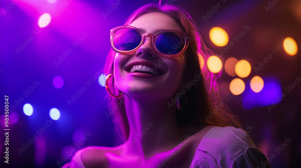 Young woman smiling in sunglasses at vibrant nighttime party with colorful lights Young woman smiling in sunglasses at vibrant nighttime party with colorful lights