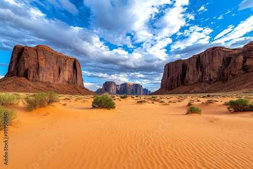 A rugged desert landscape with towering mesas, the sky filled with dramatic clouds as the sun sets behind the mountains