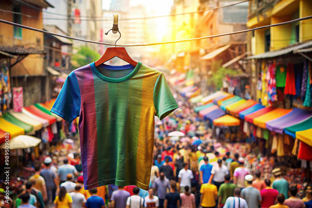 Obraz premium 3D Mockup Displaying a Hanging T-shirt Against a Realistic Background.