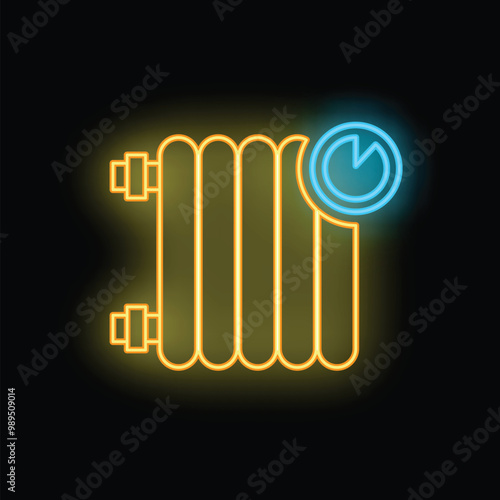 Glowing neon icon representing a radiator heating system with a thermostat control, symbolizing warmth and temperature regulation