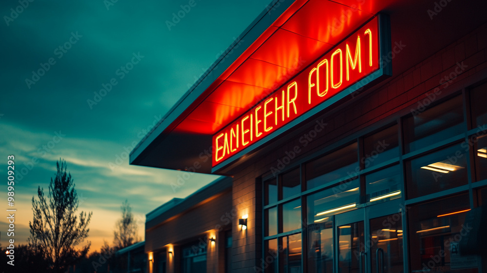 Naklejka premium Evening view of a modern building with glowing sign at dusk showcasing playful lighting