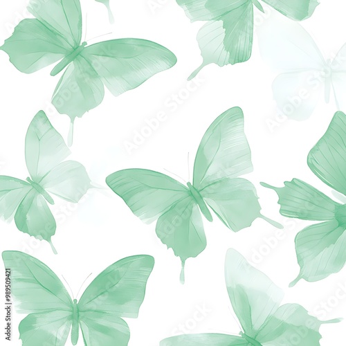 Watercolor Green Butterflies on White Background