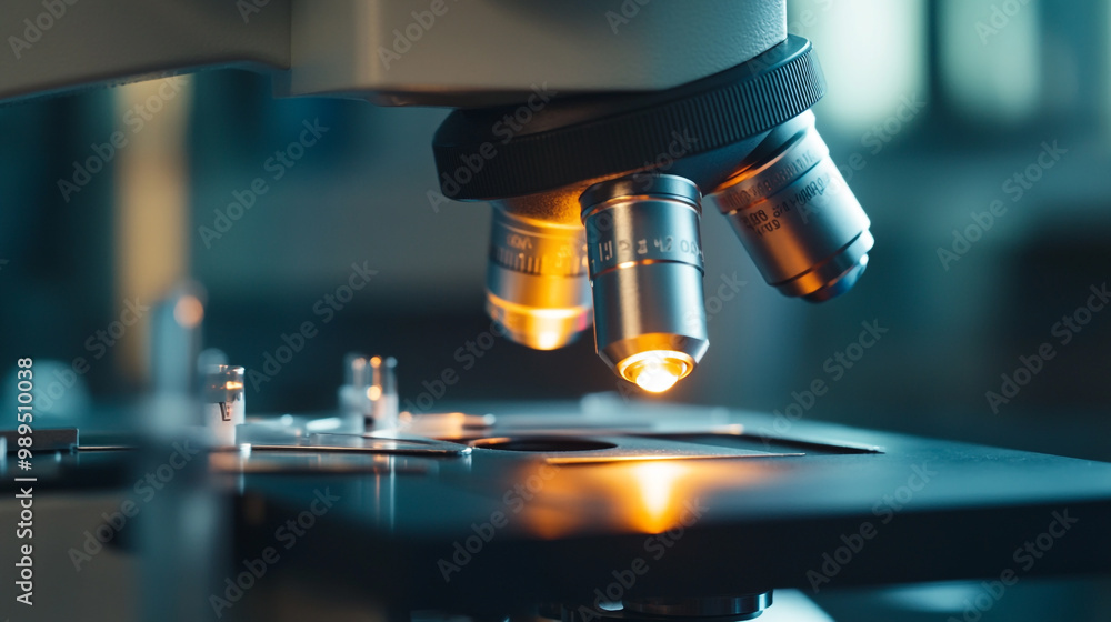 Exploration of microscopic details under laboratory microscope with illuminated slide and lenses Exploration of microscopic details under laboratory microscope with illuminated slide and lenses