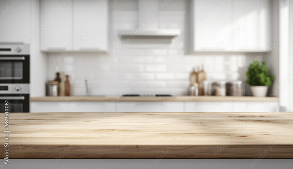 Fototapeta premium Modern Kitchen Vibes: Blurred White Interior with Wooden Countertop for Product Display Mockup