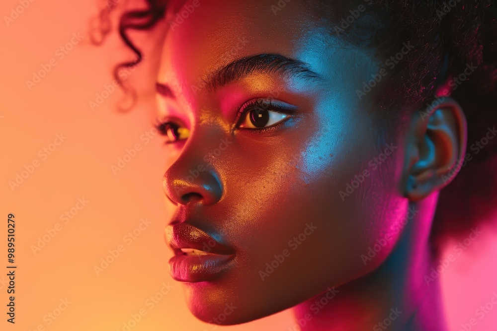 Vibrant neon-lit portrait of a young African American person Vibrant neon-lit portrait of a young African American person