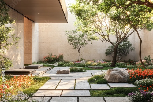 modern courtyard, marble bench, beige background walls, flowers, grass, trees, stones,