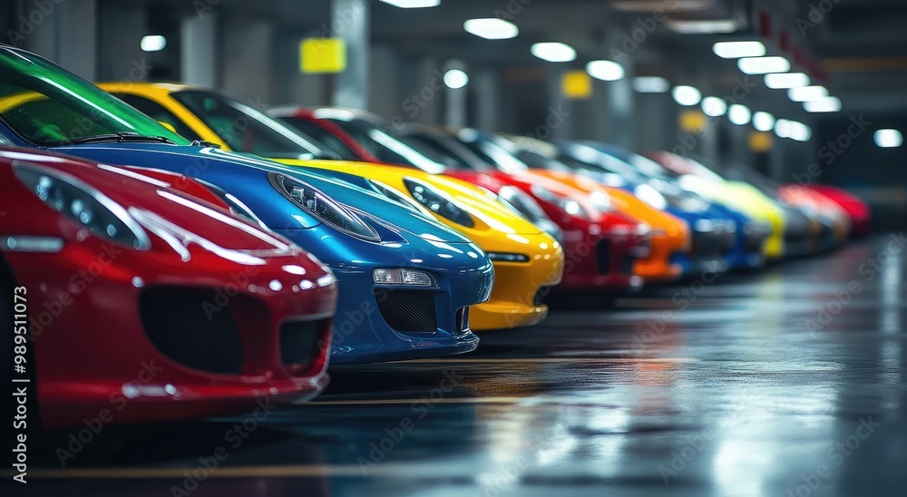 Fototapeta premium Vibrant Sports Cars Parked in Garage with Shiny Surface