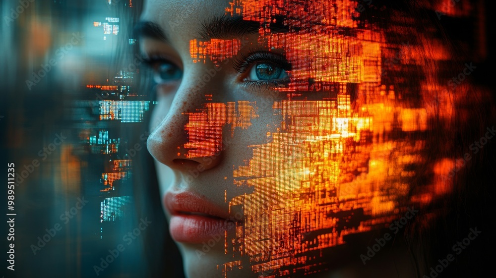 A portrait of a person with their face partially glitched, as if their features are melting into a series of colorful pixel blocks, distortion waves, and broken image fragments A portrait of a person with their face partially glitched, as if their features are melting into a series of colorful pixel blocks, distortion waves, and broken image fragments