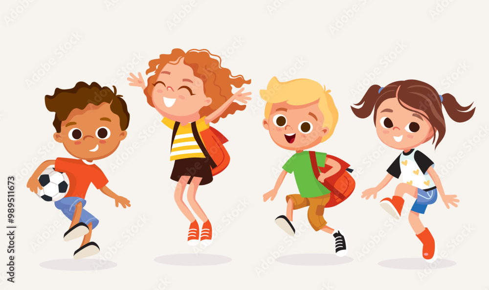Set of kids. Children and preschoolers. International students. Happy children with school backpacks and books jumping and having fun. Set of kids. Children and preschoolers. International students. Happy children with school backpacks and books jumping and having fun.
