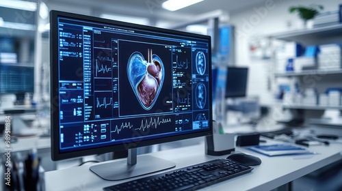 Close up of doctor working with x-ray image of human heart. A heart is displayed on a computer screen with a blue background. 