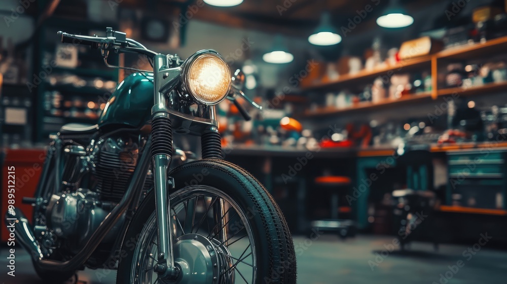 Classic Motorcycle in Garage with Shelves of Parts Classic Motorcycle in Garage with Shelves of Parts