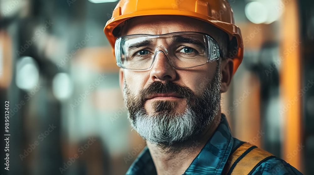 Portrait of a mature factory worker with a beard wearing safety glasses and a hard hat in a blurred factory setting Portrait of a mature factory worker with a beard wearing safety glasses and a hard hat in a blurred factory setting