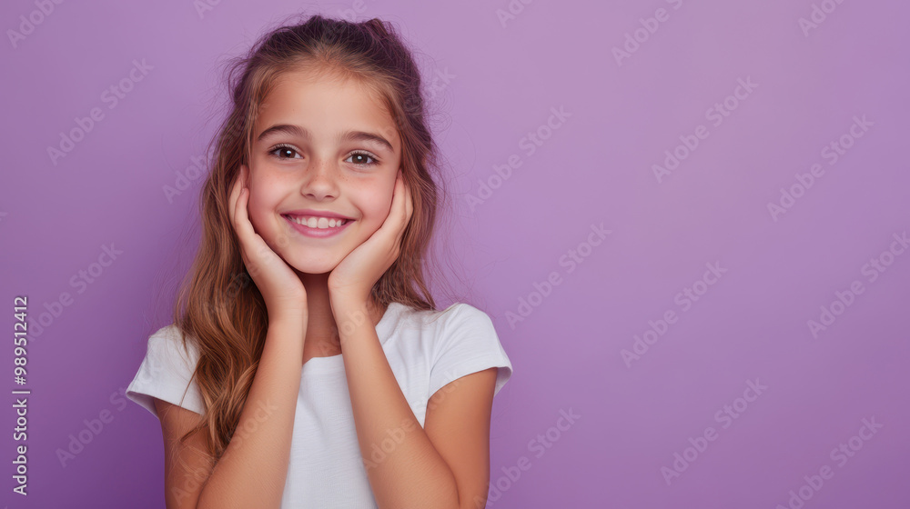 Portrait of a charming young girl smiling with hands on face against a pastel purple background Portrait of a charming young girl smiling with hands on face against a pastel purple background