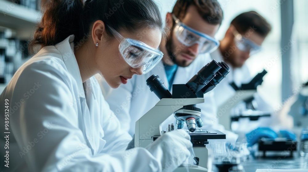 A team of scientists wearing lab coats and safety glasses work in a laboratory, using microscopes and other equipment to conduct research and experiments. A team of scientists wearing lab coats and safety glasses work in a laboratory, using microscopes and other equipment to conduct research and experiments.
