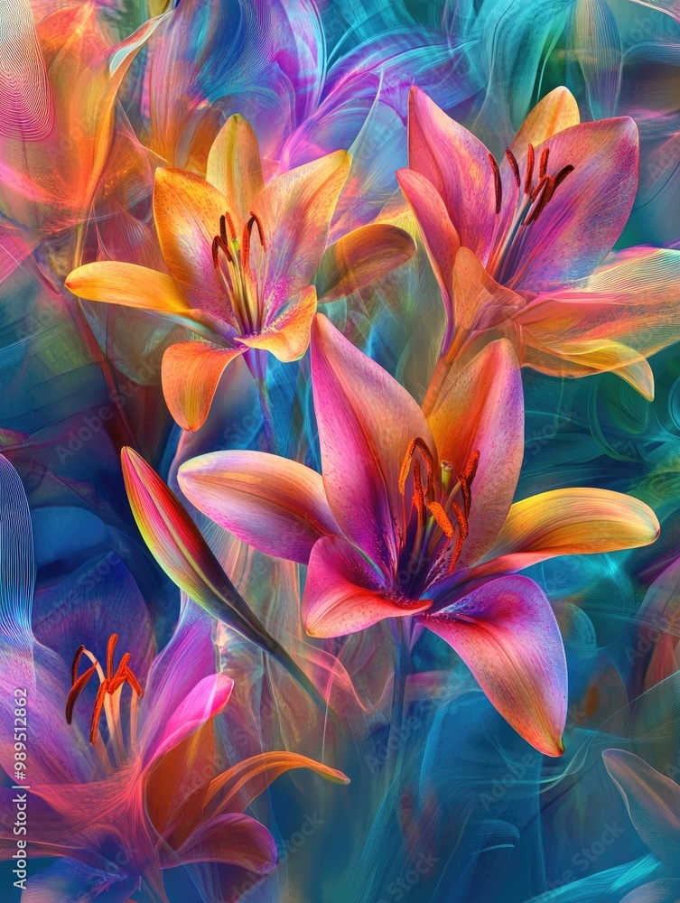 Lively and vivid abstract representation of lilies in a fantasy style Lively and vivid abstract representation of lilies in a fantasy style