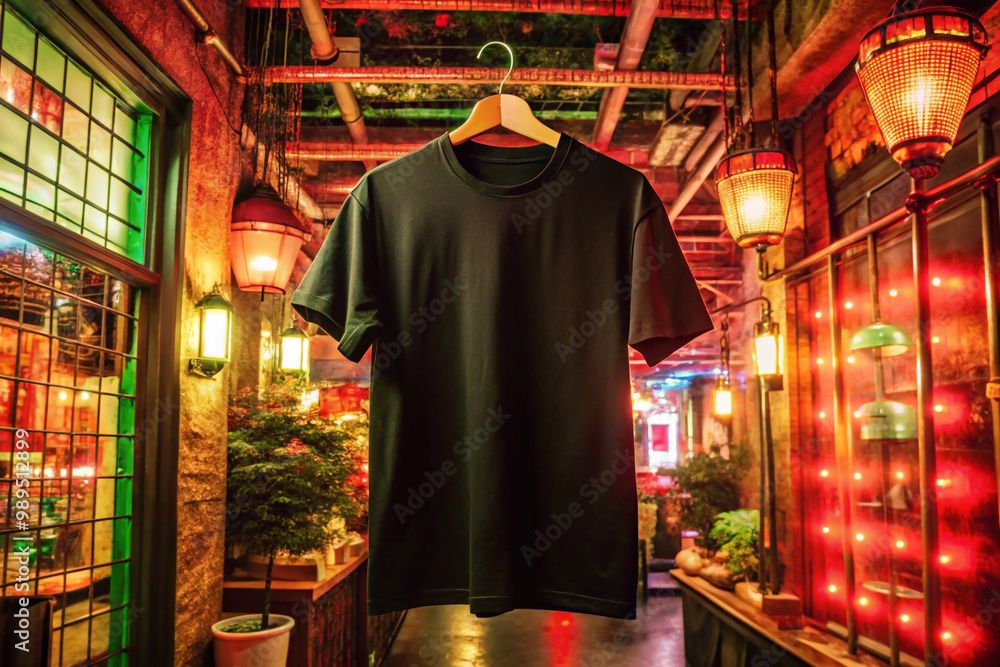 3D Mockup Displaying a Hanging T-shirt Against a Realistic Background. 3D Mockup Displaying a Hanging T-shirt Against a Realistic Background.