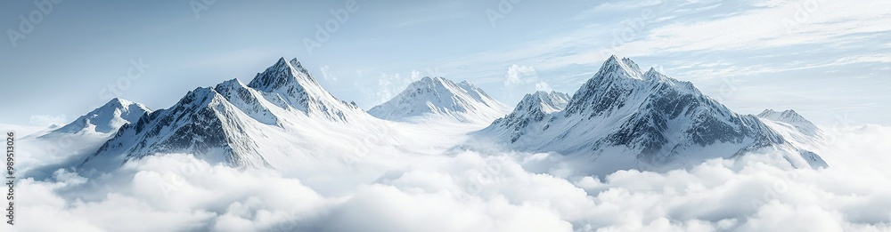 Obraz premium Snowy mountains surrounded by clouds, with a white background and sharp...
