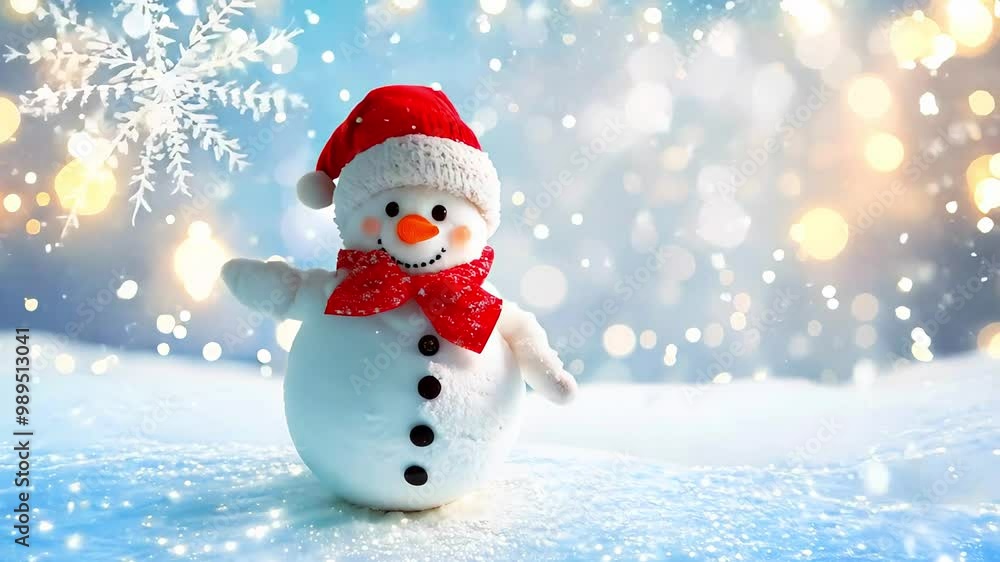 Adorable Snowman in Red Knit Hat and Mittens dances on Snowy Background Adorable Snowman in Red Knit Hat and Mittens dances on Snowy Background