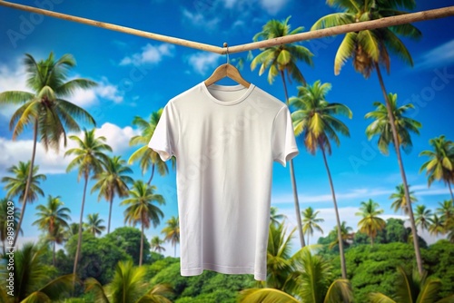 3D mockup of a t-shirt hanging on a bamboo rod in a tropical setting with palm trees swaying in the background under a bright blue sky. photo