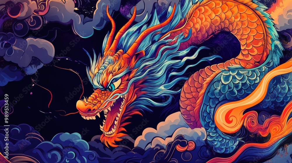 Japanese dragon illustration in vibrant 2D cartoon style perfect for t shirt designs and various applications Japanese dragon illustration in vibrant 2D cartoon style perfect for t shirt designs and various applications