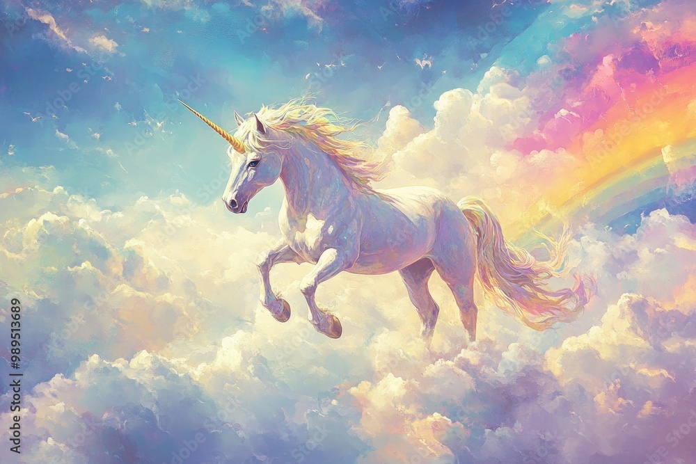 Charming whimsical unicorn surrounded by clouds and a vibrant rainbow Charming whimsical unicorn surrounded by clouds and a vibrant rainbow