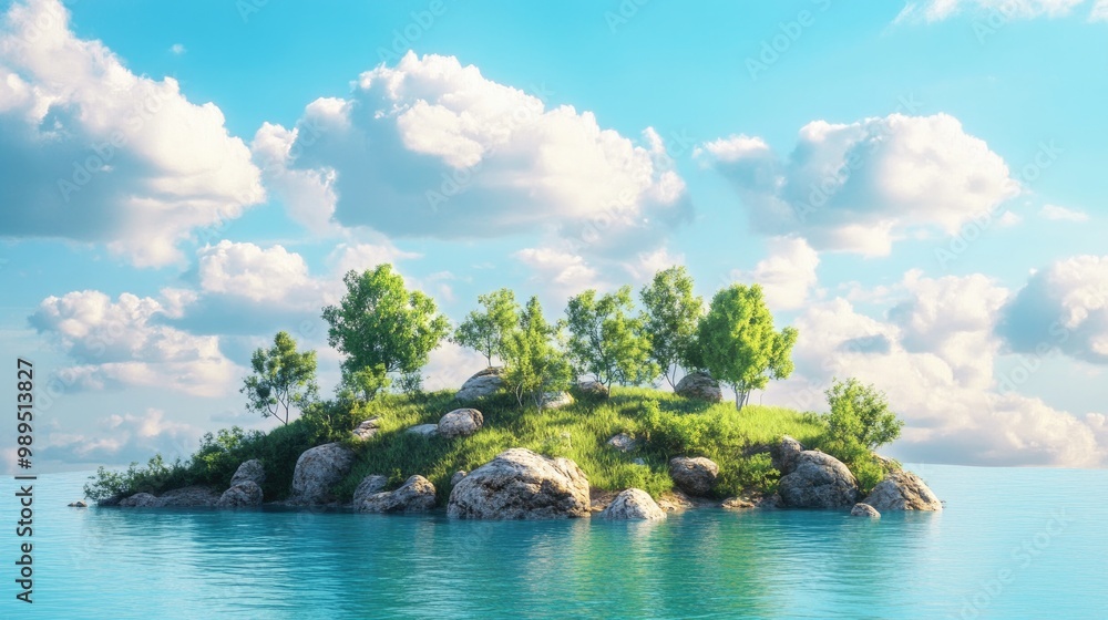 Fantasy travel and vacation backdrop featuring a 3D illustration of a grassy island with trees and rocks set against a blue sky with clouds Fantasy travel and vacation backdrop featuring a 3D illustration of a grassy island with trees and rocks set against a blue sky with clouds