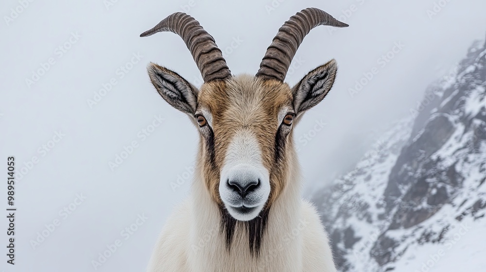 A close-up of a mountain goat's face against a background of rocks. A wild animal in its natural habitat. Illustration for banner, poster, cover, brochure or presentation. A close-up of a mountain goat's face against a background of rocks. A wild animal in its natural habitat. Illustration for banner, poster, cover, brochure or presentation.