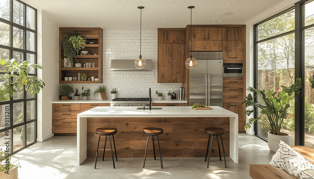 Scandinavian-style kitchen with wooden cabinets, white countertops Scandinavian-style kitchen with wooden cabinets, white countertops