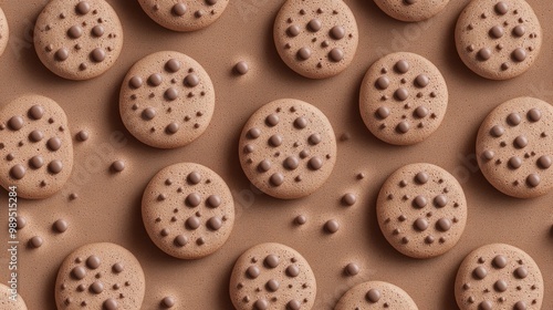 Deliciously textured chocolate chip cookies arranged in a delightful flat lay on a warm brown background