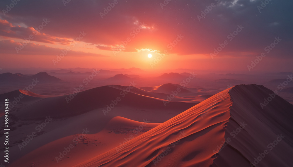 Fototapeta premium Soar above a surreal desert landscape where giant dunes shift and change shape