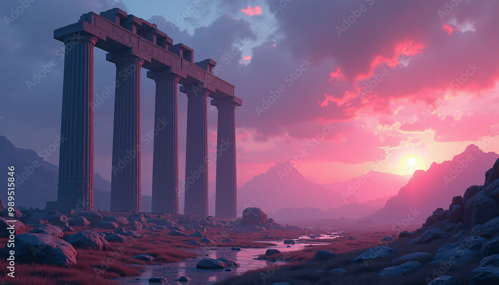 Obraz premium Travel through a surreal, dreamlike landscape where massive stone pillars rise from the ground