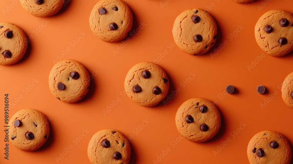 A delightful array of freshly baked chocolate chip cookies on a minimalistic backdrop, perfectly arranged for a tempting treat A delightful array of freshly baked chocolate chip cookies on a minimalistic backdrop, perfectly arranged for a tempting treat