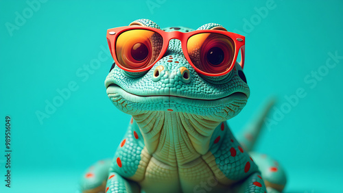 Gila Monster on turquoise background wearing colourful sunglasses