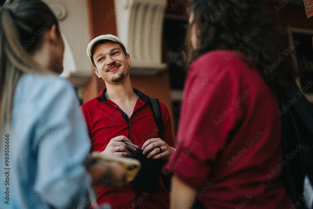 Three young business associates networking outdoors, enjoying a pleasant conversation and building professional relationships. Three young business associates networking outdoors, enjoying a pleasant conversation and building professional relationships.