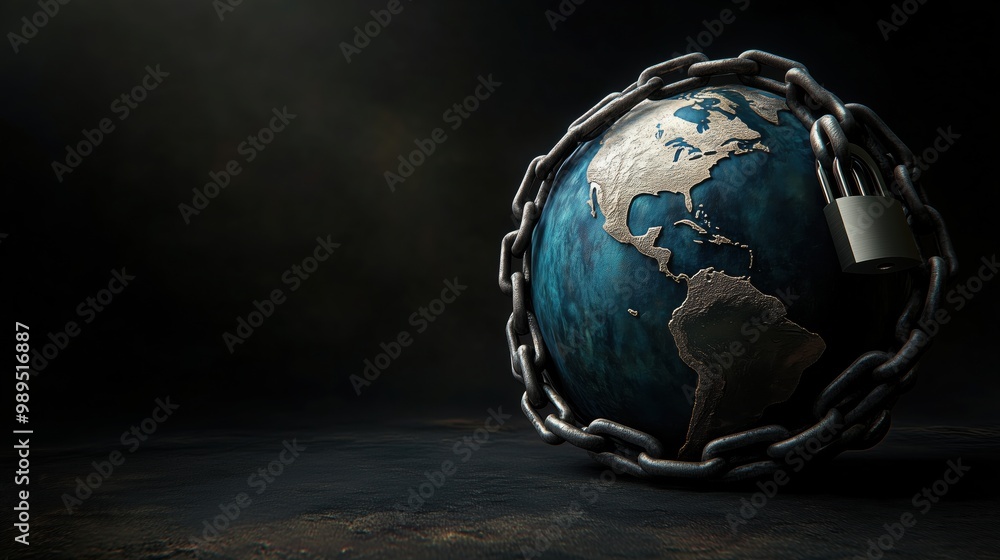 Earth Wrapped in Chains and Locked with Padlock, Symbolizing Restriction Earth Wrapped in Chains and Locked with Padlock, Symbolizing Restriction