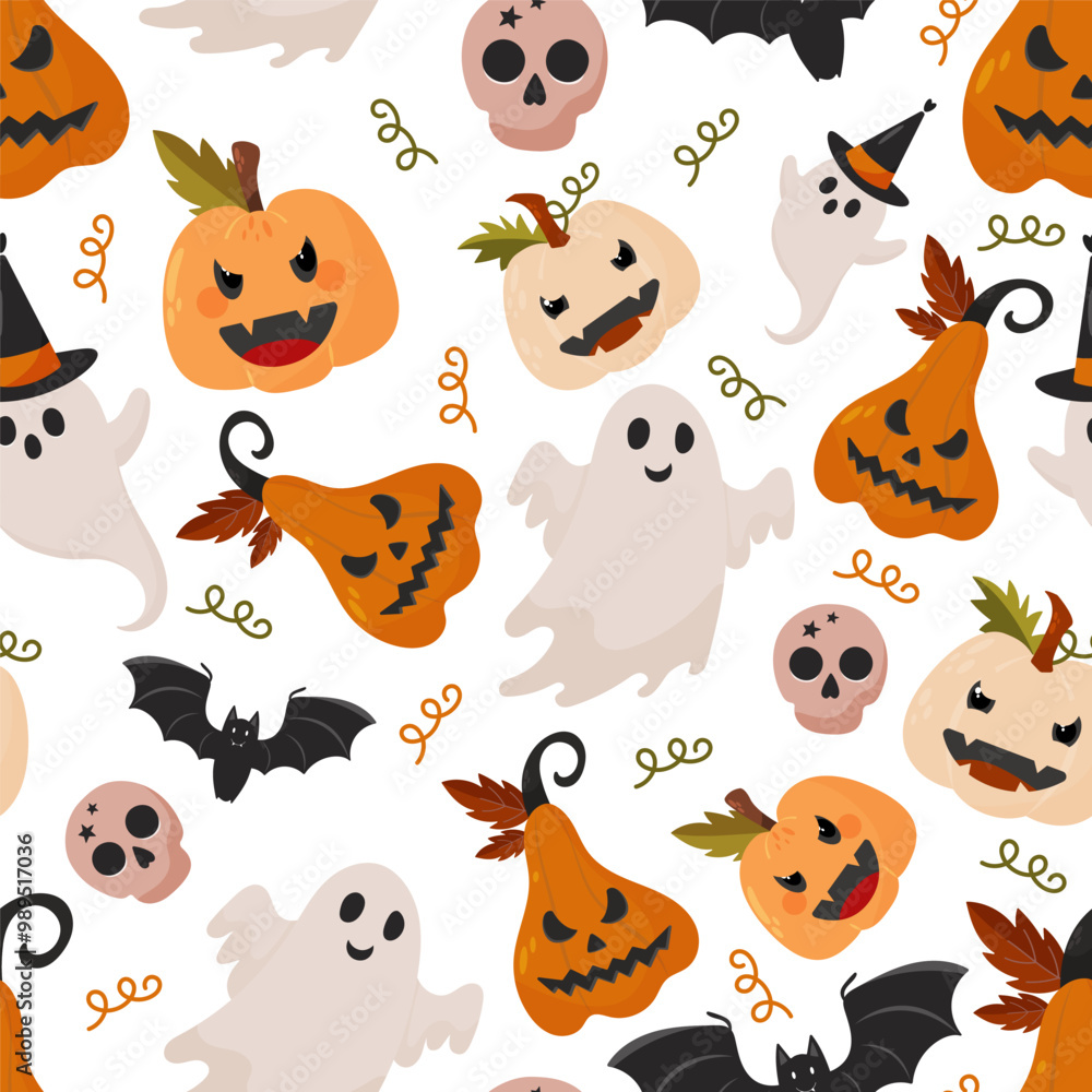 Autumn seamless pattern of halloween elements spooks, bat, autumn leaves, skull. Great for harvest festival cards, invitations, banner, textile - vector design, cartoon style illustration Autumn seamless pattern of halloween elements spooks, bat, autumn leaves, skull. Great for harvest festival cards, invitations, banner, textile - vector design, cartoon style illustration