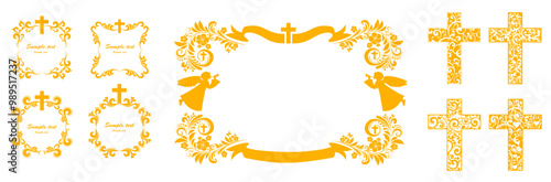 Cross icons set. Obituary notice - art deco frames with cross. Collection of Christian Symbol design elements isolated on White background. Set of gold and white vintage decorative Christian crosses.
