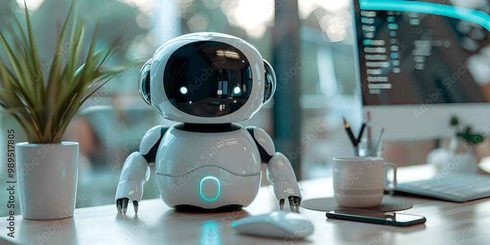 Cute AI Robot on Office Desk with Computer Screen, Small Office Robot Assistant with Modern Design Cute AI Robot on Office Desk with Computer Screen, Small Office Robot Assistant with Modern Design