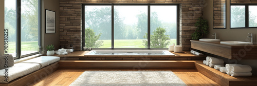 Wallpaper Mural Modern bathroom with large window, freestanding bathtub, and wooden details. Torontodigital.ca