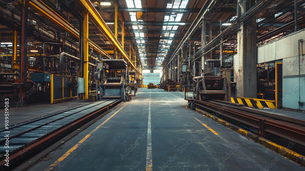 An empty American factory warehouse with machinery rusting and conveyor belts gathering dust. An empty American factory warehouse with machinery rusting and conveyor belts gathering dust.