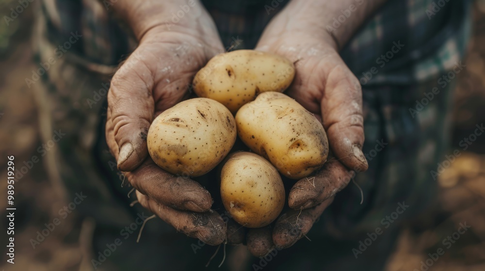 Hands caked with dirt grasp four fresh potatoes, illustrating the hard work of harvesting. The setting reflects rural farming life and a connection to the earth Hands caked with dirt grasp four fresh potatoes, illustrating the hard work of harvesting. The setting reflects rural farming life and a connection to the earth