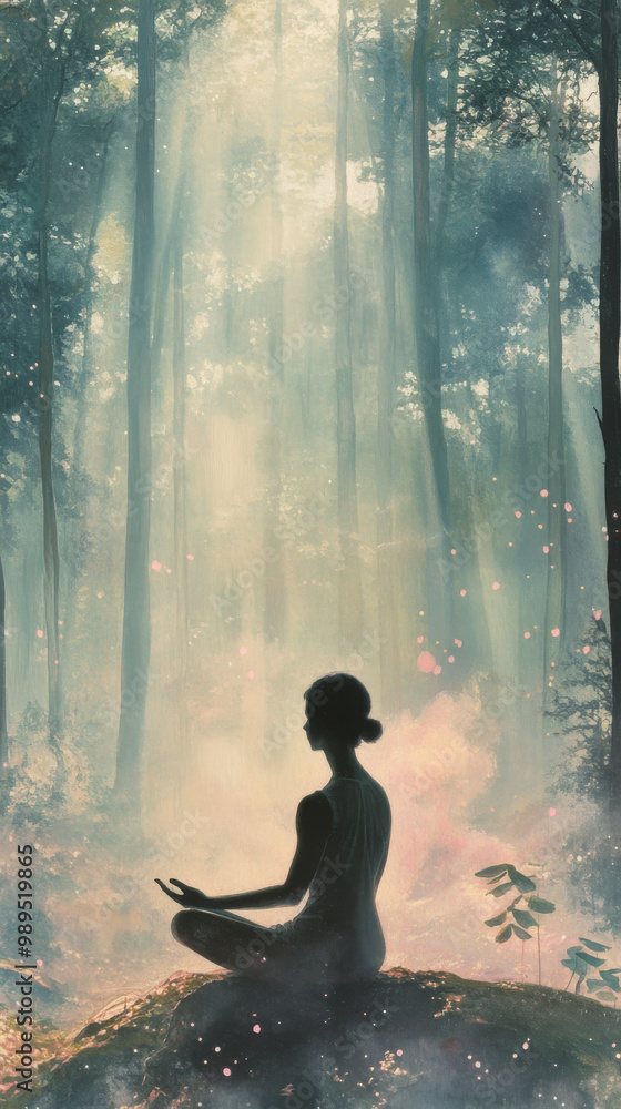 Woman meditates in a misty forest. Woman meditates in a misty forest.