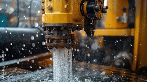 Close-Up of Yellow Oil and Gas Pump Activating Water in Industrial Factory – High-Contrast Lighting