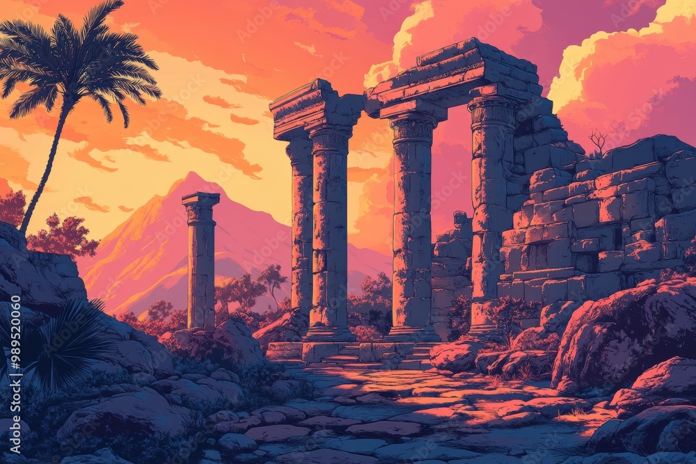 Fototapeta premium Ruined Temple with Palm Tree and Mountain at Sunset