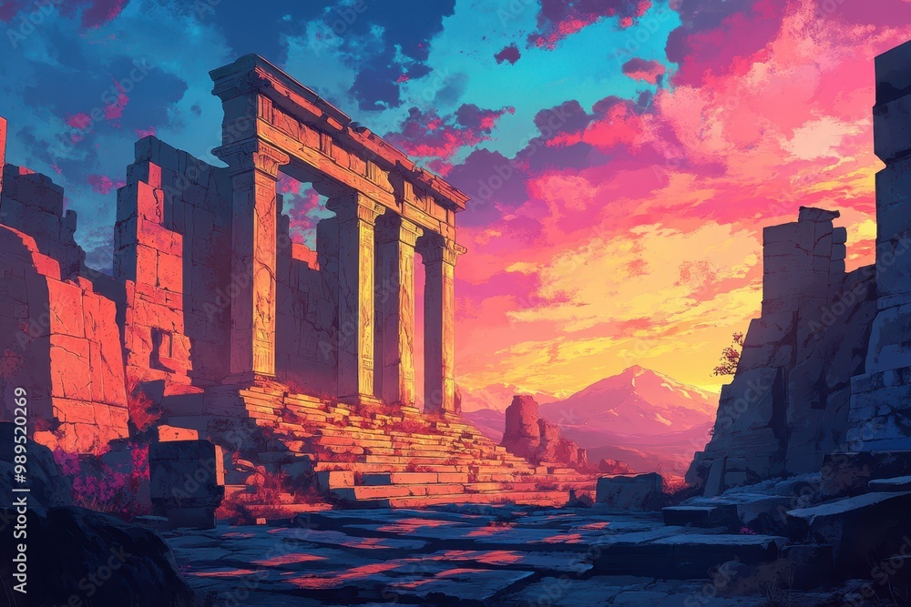Fototapeta premium Ancient Ruins at Sunset with Mountain Range in Background