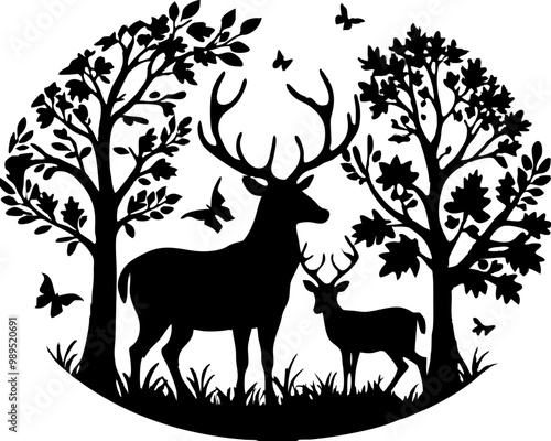 Black silhouette of deer family with baby, Deer Silhouette Vector Illustration