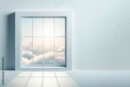 Window overlooking the clouds, bright interior. Space for text.